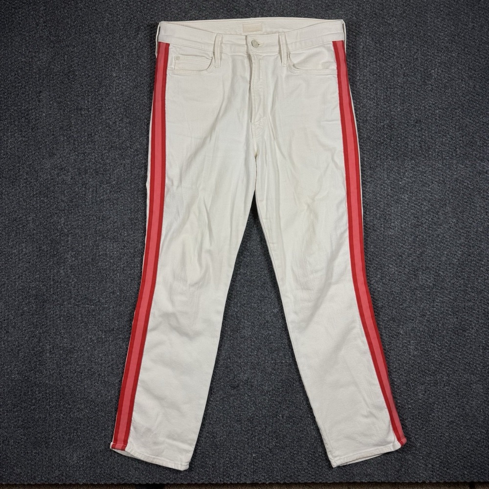 MOTHER Women's Straight Leg Jeans in Cream with Red Stripes